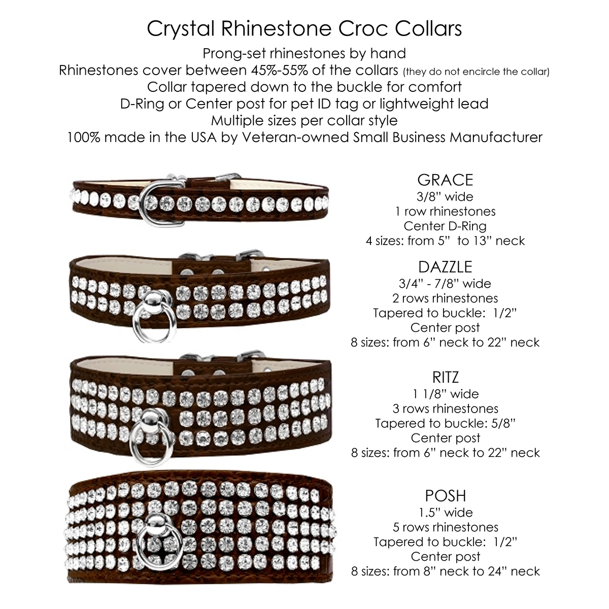 Posh 5-row Crystal Faux Croc Dog Collar - Chocolate - 3 Red Rovers