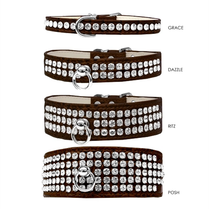 Dazzle 2-row Crystal Faux Croc Dog Collar - Chocolate - 3 Red Rovers