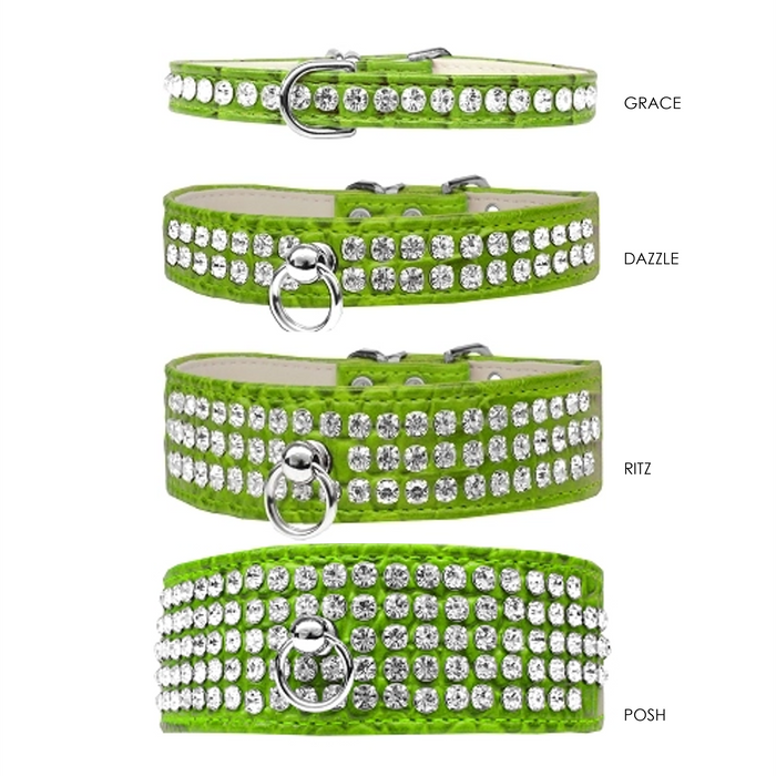 Ritz 3-row Crystal Faux Croc Dog Collar - Lime Green - 3 Red Rovers