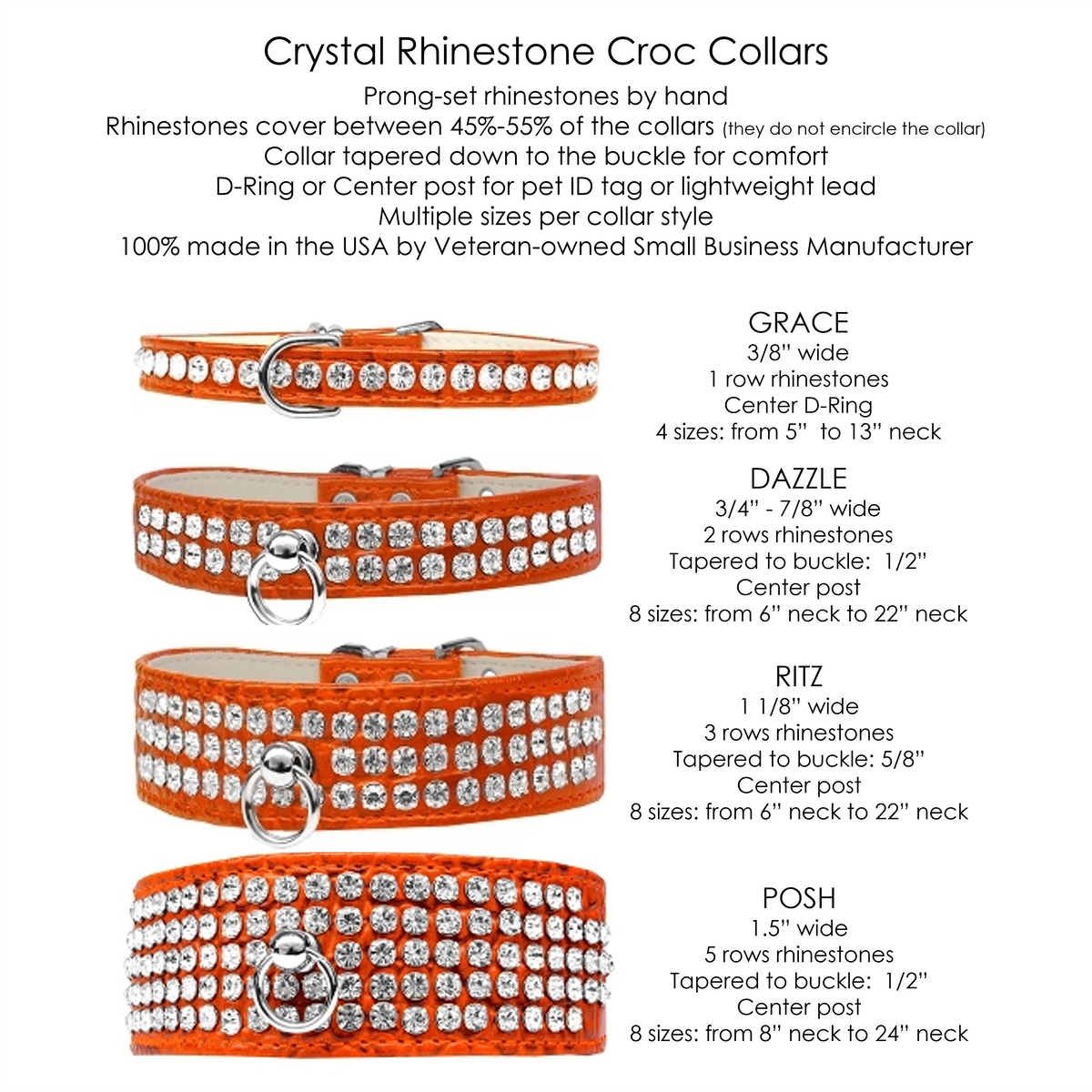 Ritz 3-row Crystal Faux Croc Dog Collar - Orange - 3 Red Rovers
