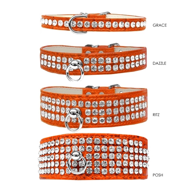 Dazzle 2-row Crystal Faux Croc Dog Collar - Orange - 3 Red Rovers