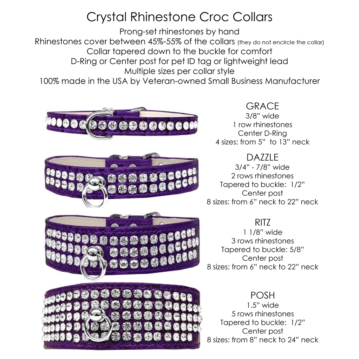 Ritz 3-row Crystal Faux Croc Dog Collar - Purple - 3 Red Rovers