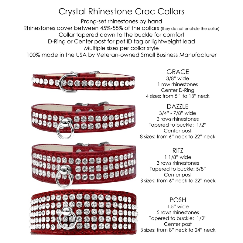 Dazzle 2-row Crystal Faux Croc Dog Collar - Red - 3 Red Rovers