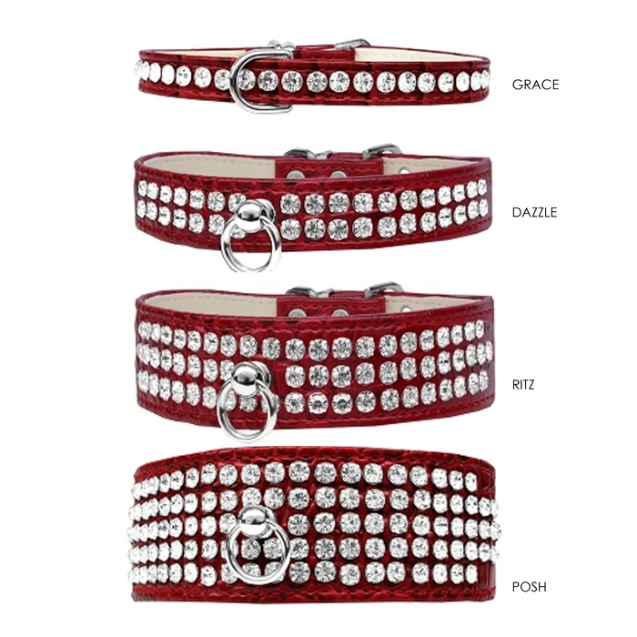 Posh 5-row Crystal Faux Croc Dog Collar - Red - 3 Red Rovers