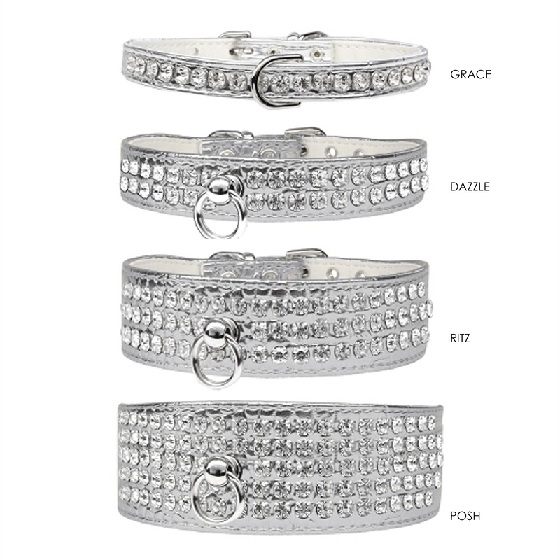 Posh 5-row Crystal Faux Croc Dog Collar - Silver - 3 Red Rovers