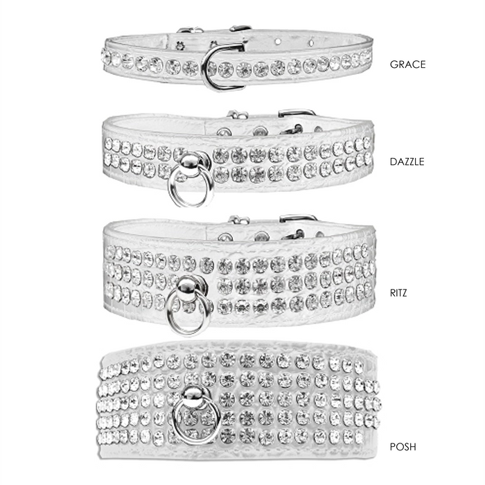 Posh 5-row Crystal Faux Croc Dog Collar - White - 3 Red Rovers