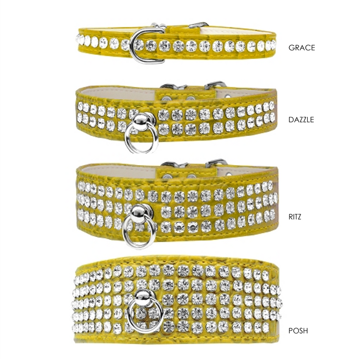 Ritz 3-row Crystal Faux Croc Dog Collar - Yellow - 3 Red Rovers