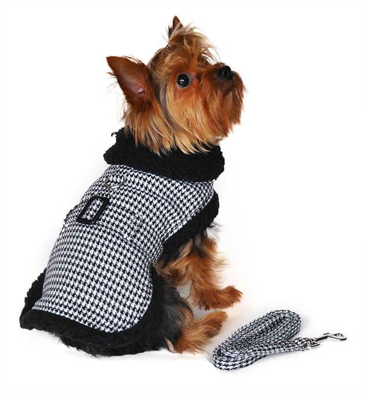 Black Houndstooth Harness Coat and Leash - 3 Red Rovers