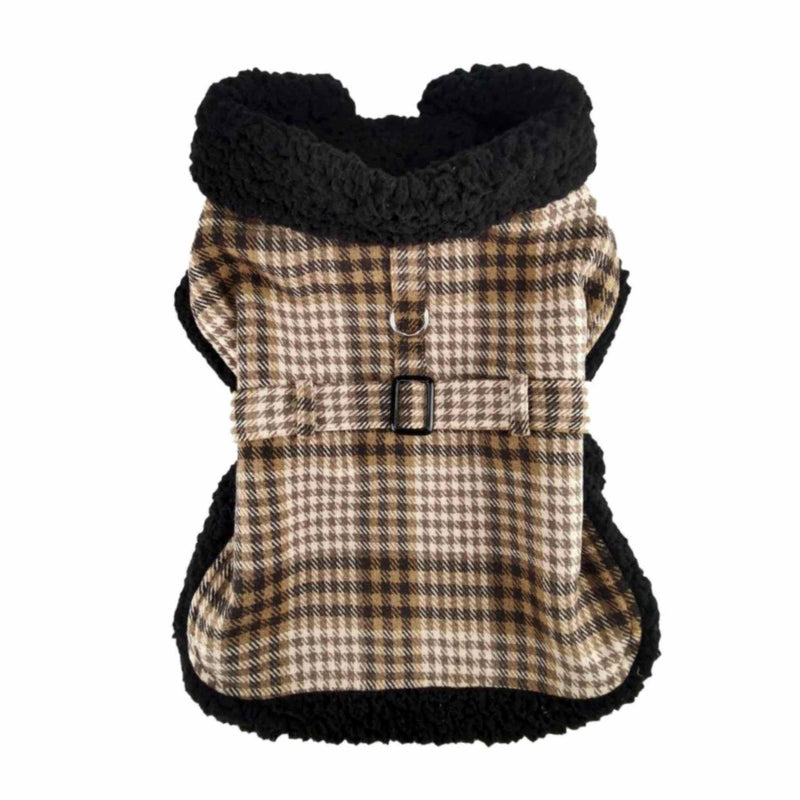 Brown and White Plaid Sherpa Harness Coat and Leash - 3 Red Rovers