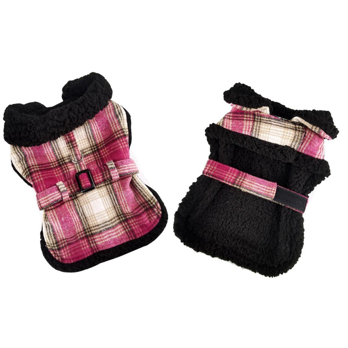 Hot Pink and Tan Plaid Sherpa Harness Coat and Leash - 3 Red Rovers