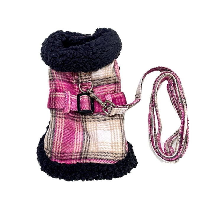Hot Pink and Tan Plaid Sherpa Harness Coat and Leash - 3 Red Rovers