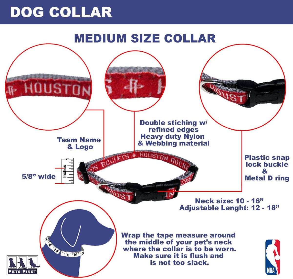 Houston Rockets Dog Collar and Leash - 3 Red Rovers