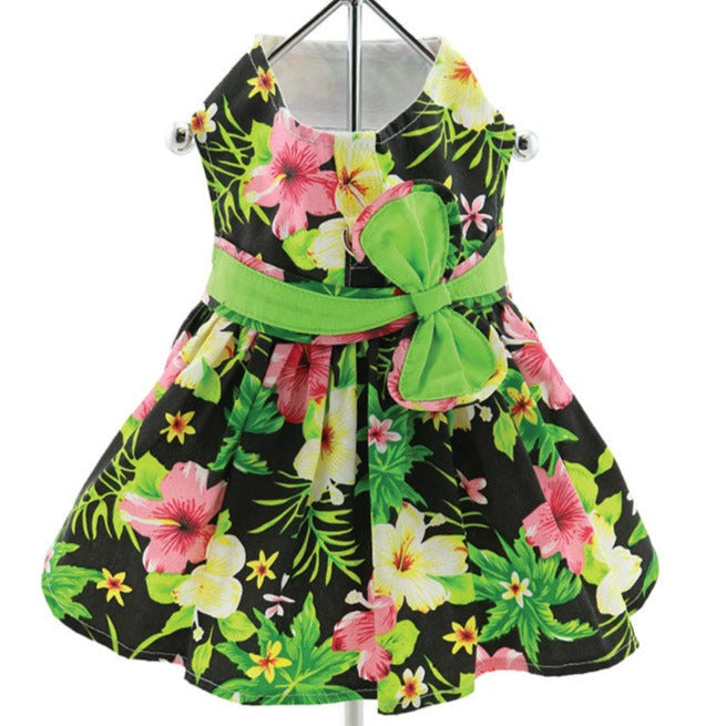 Twilight Black Hawaiian Hibiscus Dress with Matching Leash - 3 Red Rovers