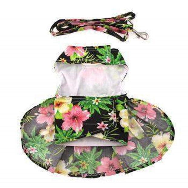 Twilight Black Hawaiian Hibiscus Dress with Matching Leash - 3 Red Rovers